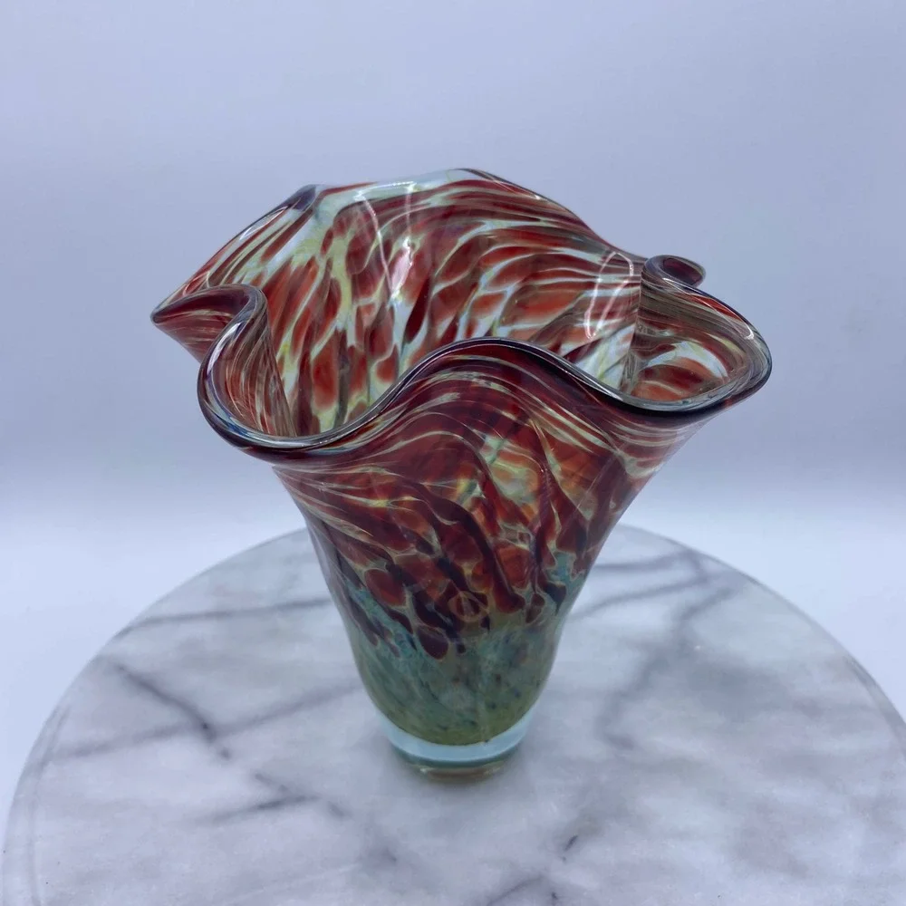 Vintage Artist Signed Studio Abstract Art Glass 1998 Handblown Ruffled Vase 7.5